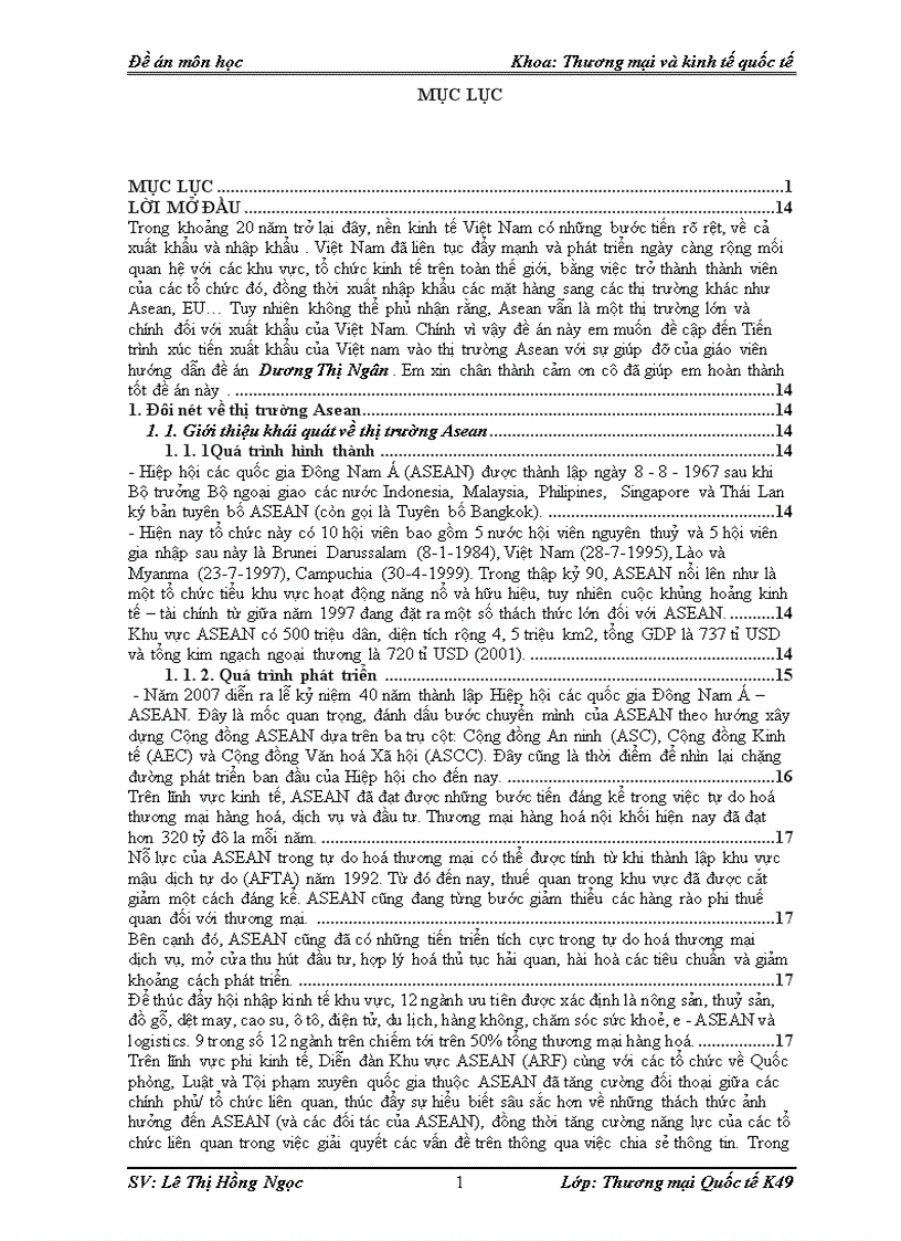 Tiến trình xúc tiến xuất khẩu của Việt nam vào thị trường Asean với sự giúp đỡ của giáo viên hướng dẫn đề án Dương Thị Ngân