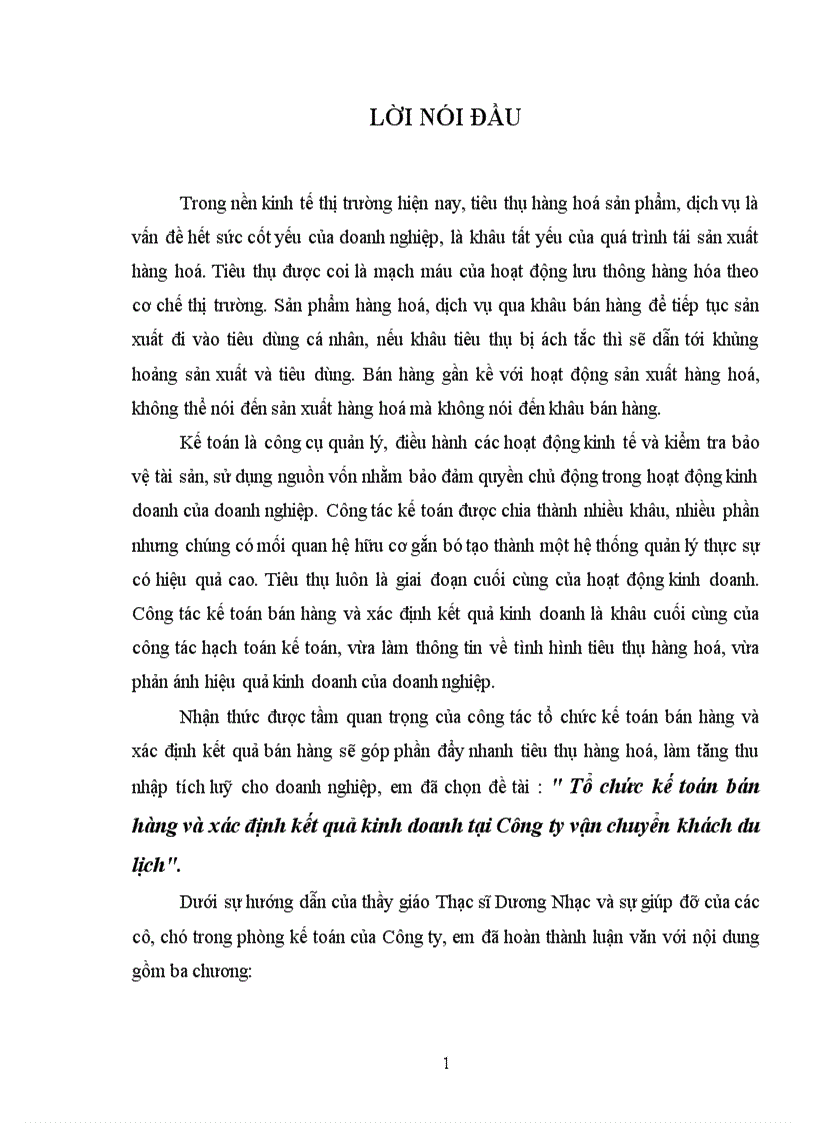 Tổ chức kế toán bán hàng và xác định kết quả kinh doanh tại Công ty vận chuyển khách du lịch 1