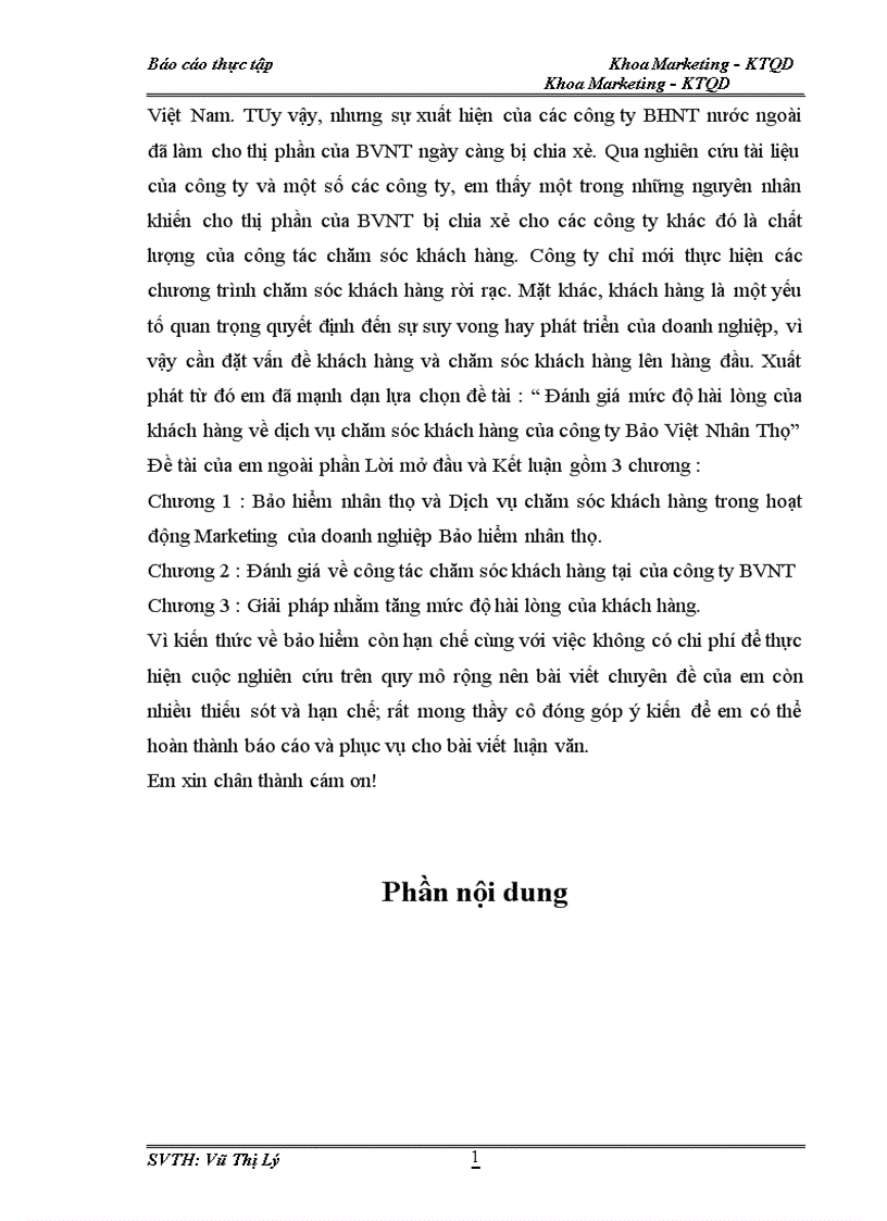 Đánh giá mức độ hài lòng của khách hàng về dịch vụ chăm sóc khách hàng của công ty Bảo Việt Nhân Thọ 1