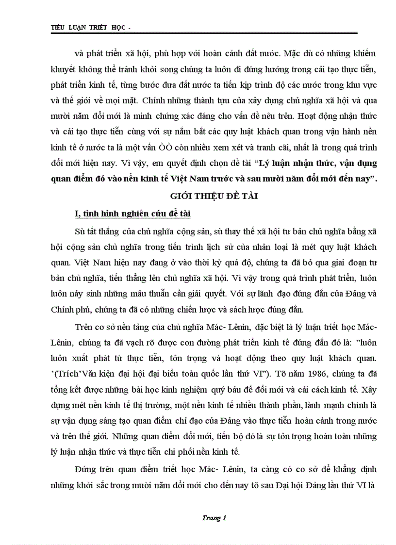 Lý luận nhận thức vận dụng quan điểm đó vào nền kinh tế Việt Nam trước và sau mười năm đổi mới đến nay 1