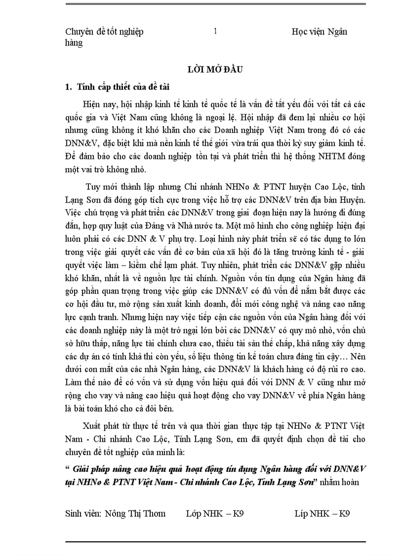 Giải pháp nâng cao hiệu quả hoạt động tín dụng Ngân hàng đối với DNN V tại NHNo PTNT Việt Nam Chi nhánh Cao Lộc Tỉnh Lạng Sơn
