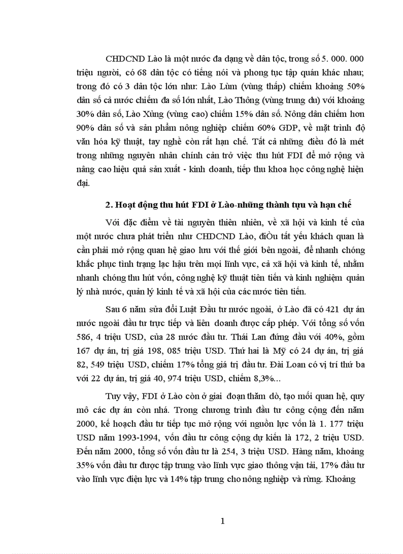 Thu hút FDI của CHDCND Lào trên cơ sở những bài học kinh nghiệm được rút ra từ thực tế của Việt Nam