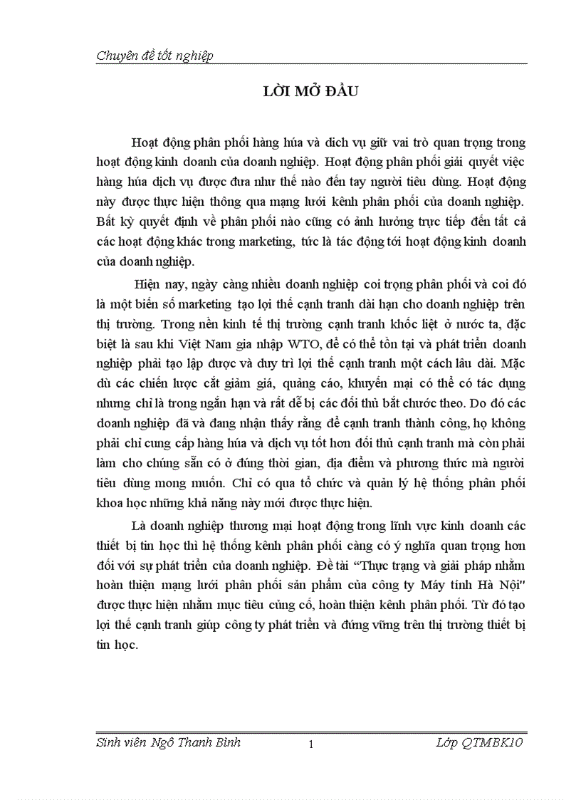 Thực trạng và giải pháp nhằm hoàn thiện mạng lưới phân phối sản phẩm của công ty Máy tính Hà Nội