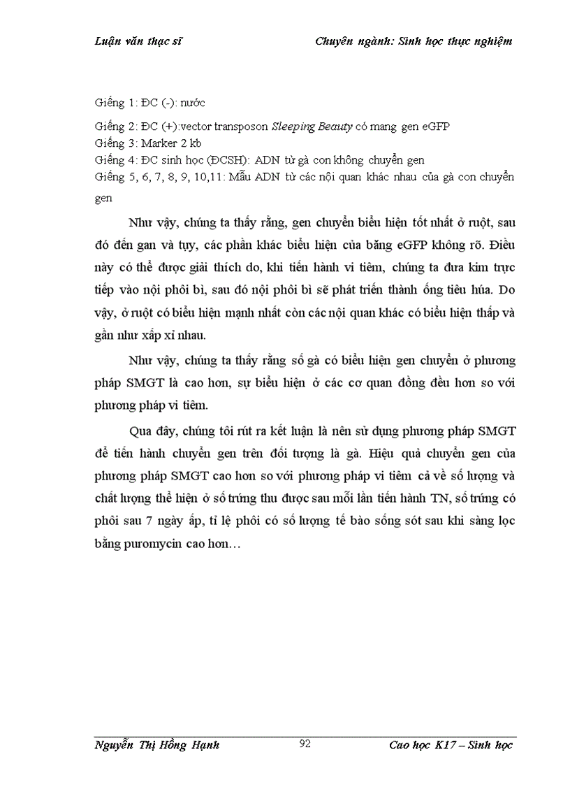 image for page Thử nghiệm chuyển gen GFP trên gà Gallus Gallus Domesticus sử dụng vector pT2 BH CVpf SB11 bằng phương pháp chuyển gen qua tinh trùng và vi tiêm vào phôi gà 0 giờ ấp 1