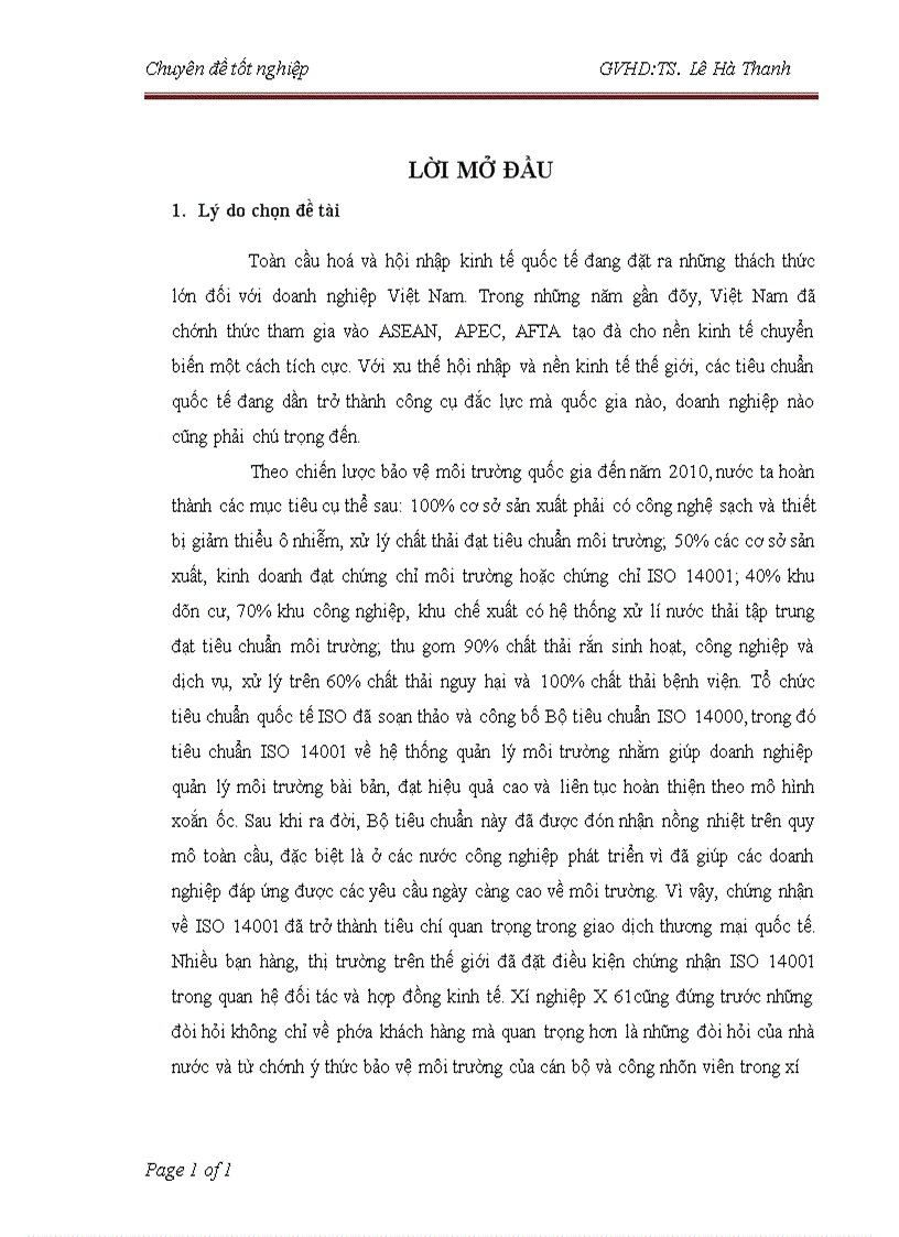 Cơ hội và khả năng áp dụng ISO 14001 tại các doanh nghiệp Việt Nam Trường hợp xí nghiệp X61 Sơn Tây Hà Nội 1