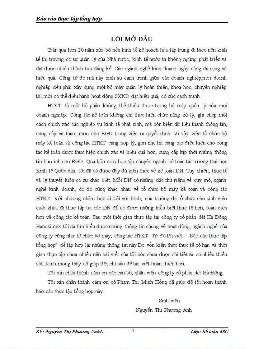 báo cáo thực tập tổng hợp của công ty cổ phần dệt hà đông hanosimex
