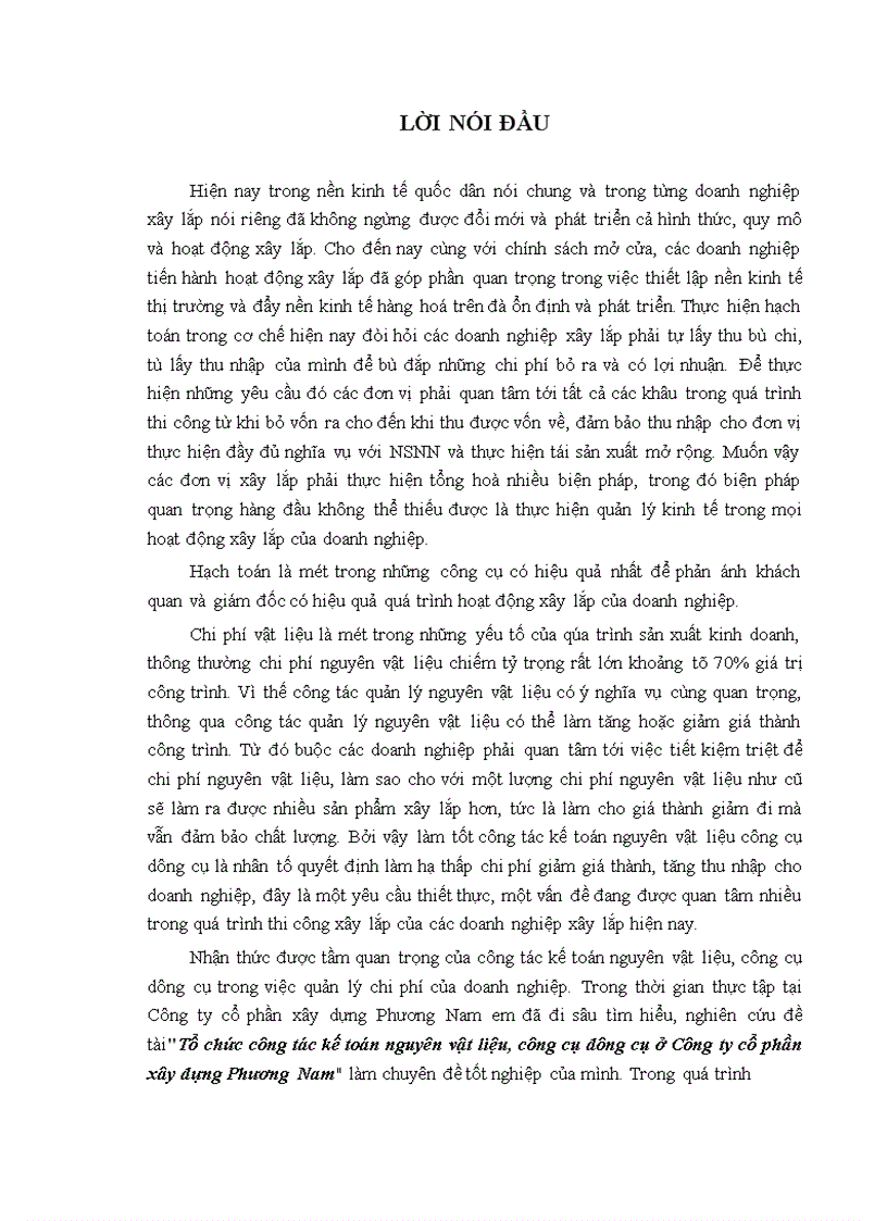 image for page Tổ chức công tác kế toán nguyên vật liệu công cụ dụng cụ ở Công ty cổ phần xây dựng Phương Nam 1