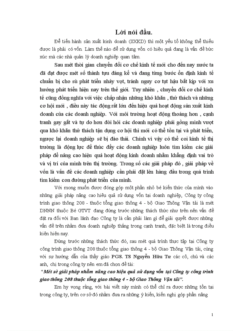 Một số giải pháp nhằm nâng cao hiệu quả sử dụng vốn tại Công ty công trình giao thông 208 thuộc tổng giao thông 4 Bộ Giao Thông Vận tải 1