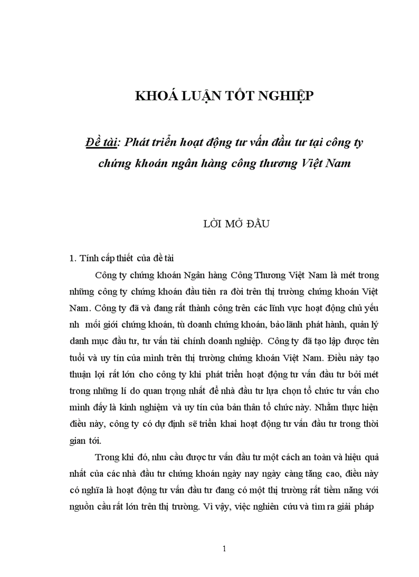 Phát triển hoạt động tư vấn đầu tư tại công ty chứng khoán Ngân hàng Công Thương Việt Nam 1
