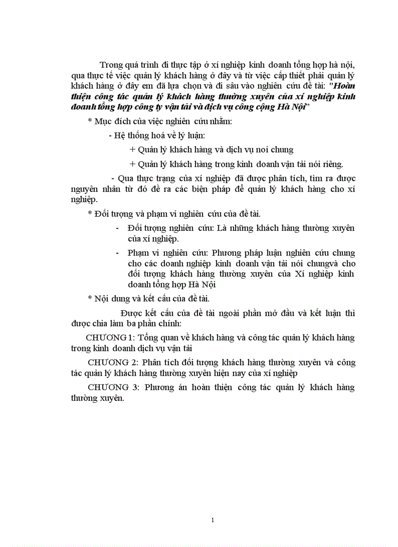 Hoàn thiện công tác quản lý khách hàng thường xuyên của xí nghiệp kinh doanh tổng hợp công ty vận tải và dịch vụ công cộng Hà Nội 1