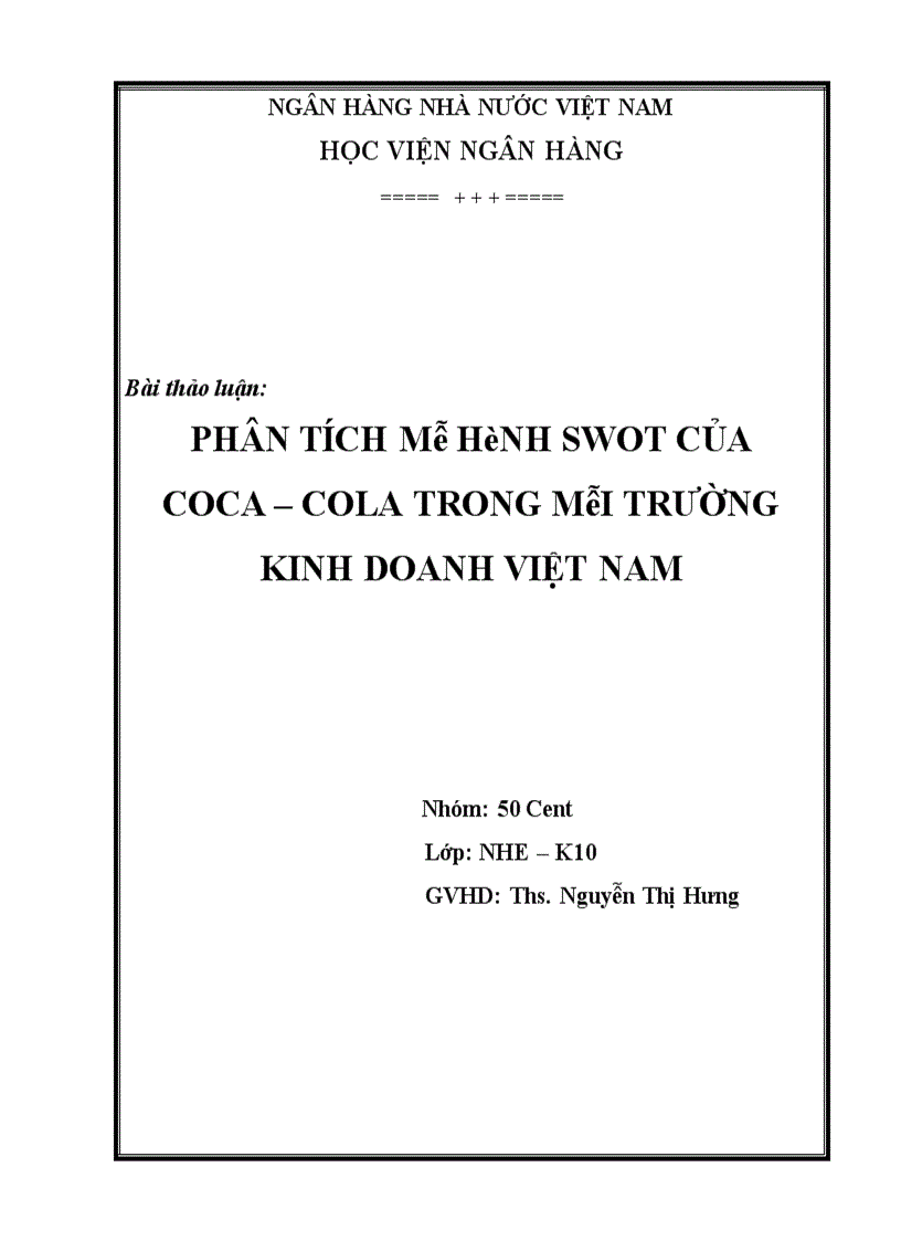 Phân tích mô hình SWOT của coca cola trong môi trường kinh doanh Việt Nam