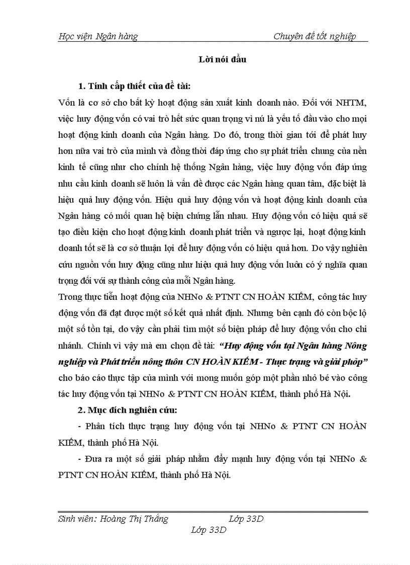 Huy động vốn tại Ngân hàng Nông nghiệp và Phát triển nông thôn CN Hoàn Kiếm Thực trạng và giải pháp 1