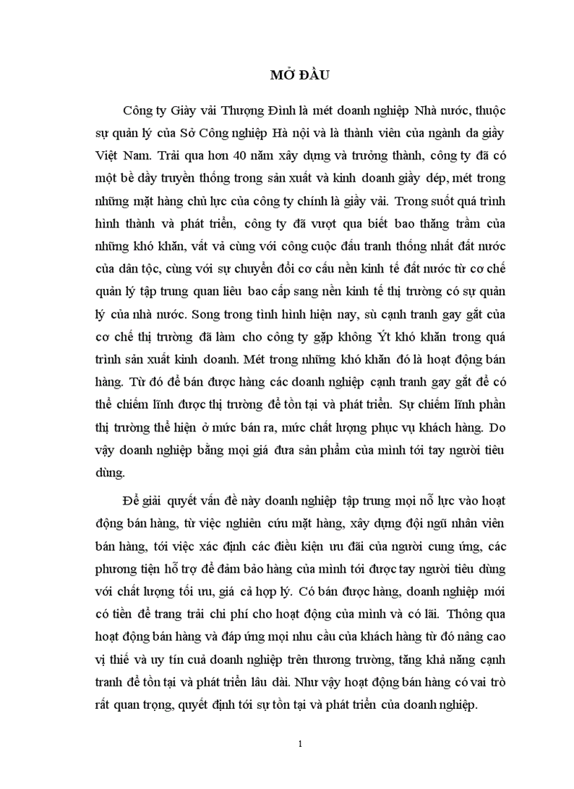 Giải pháp hoàn thiện về tổ chức và lực lượng bán hàng nhằm nâng cao khả năng cạnh tranh và mở rộng thị trương nội địa của công ty Giầy Thượng Đình 1