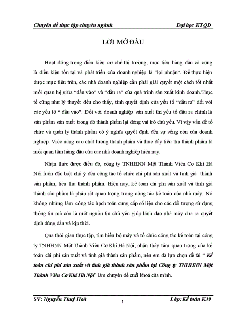 Kế toán chi phí sản xuất và tính giá thành sản phẩm tại Công ty TNHHNN Một Thành Viên Cơ Khí Hà Nội 1