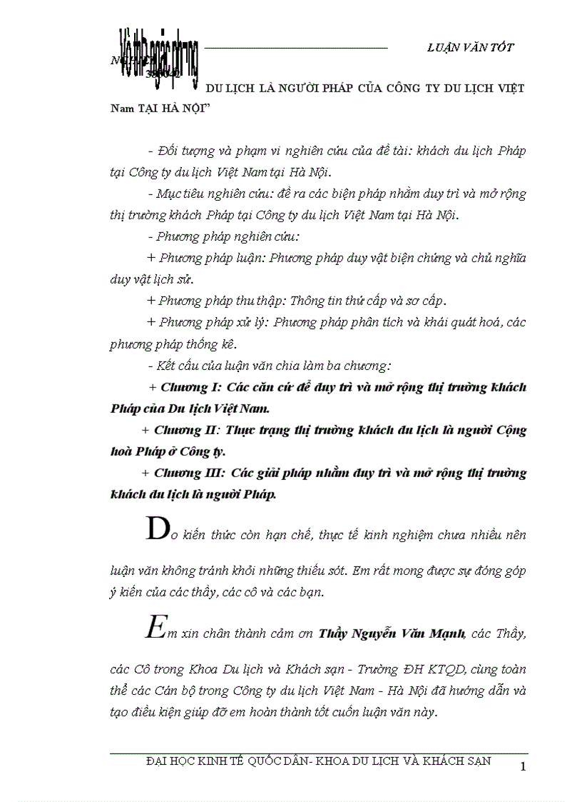 Các giải pháp nhằm duy trì và mở rộng thị trường khách du lịch là người Pháp của Công ty du lịch Việt Nam tại Hà Nội 1