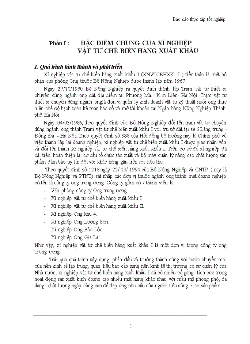 Báo cáo thực tập tổng hợp tại Xí nghiệp vật tư chế biến hàng xuất khẩu I 1