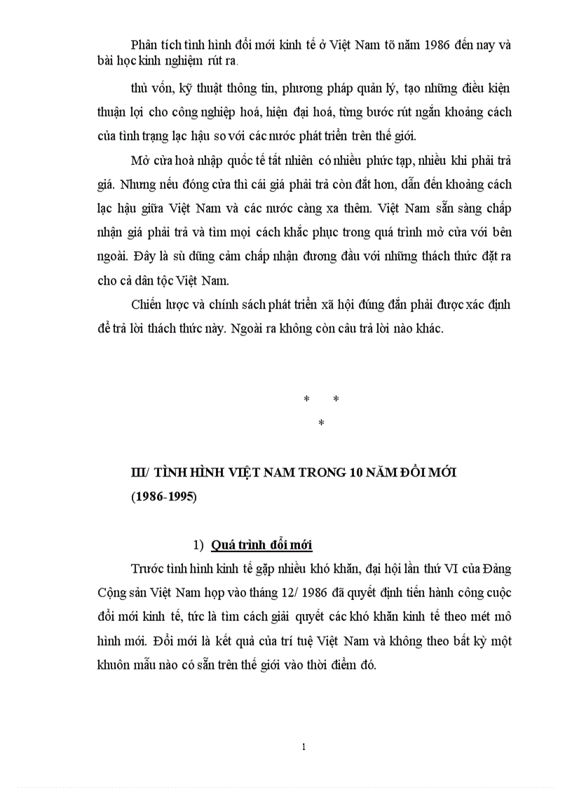 Phân tích tình hình đổi mới kinh tế ở Việt Nam từ năm đến nay và bài học kinh nghiệm rút ra 1