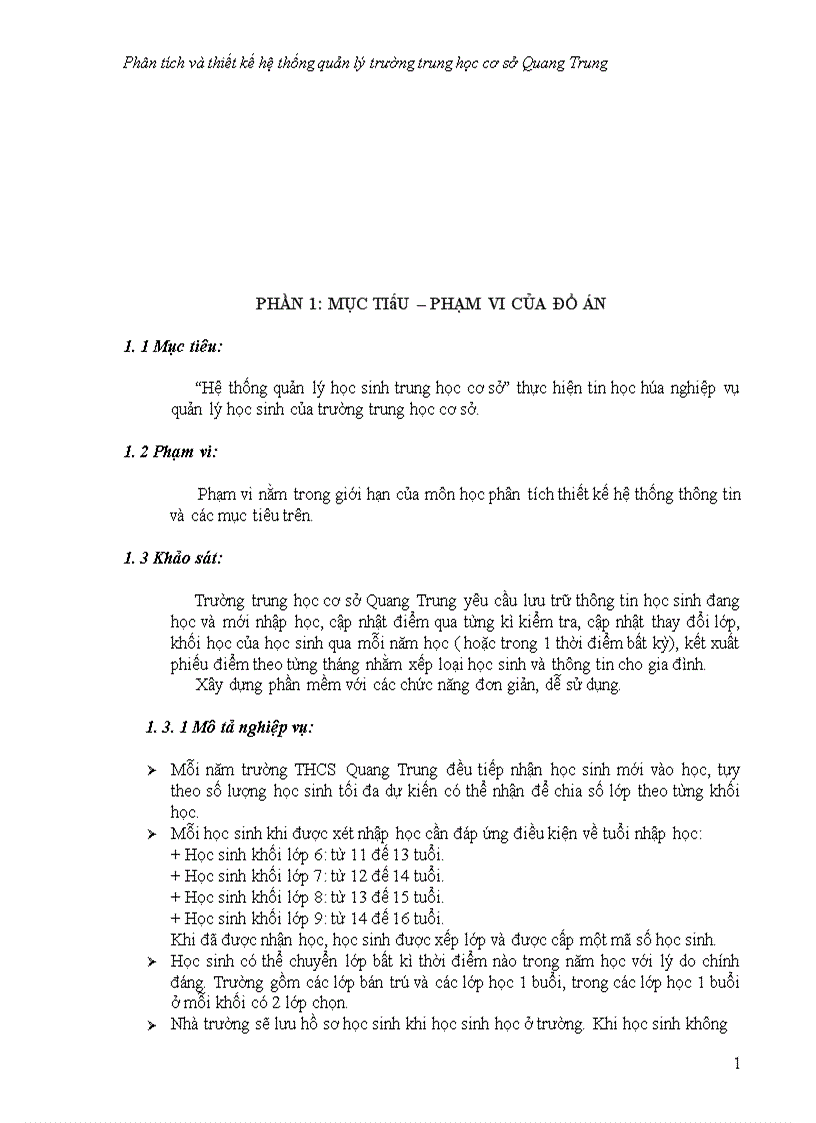 Phân tích và thiết kế hệ thống quản lý trường trung học cơ sở Quang Trung 1