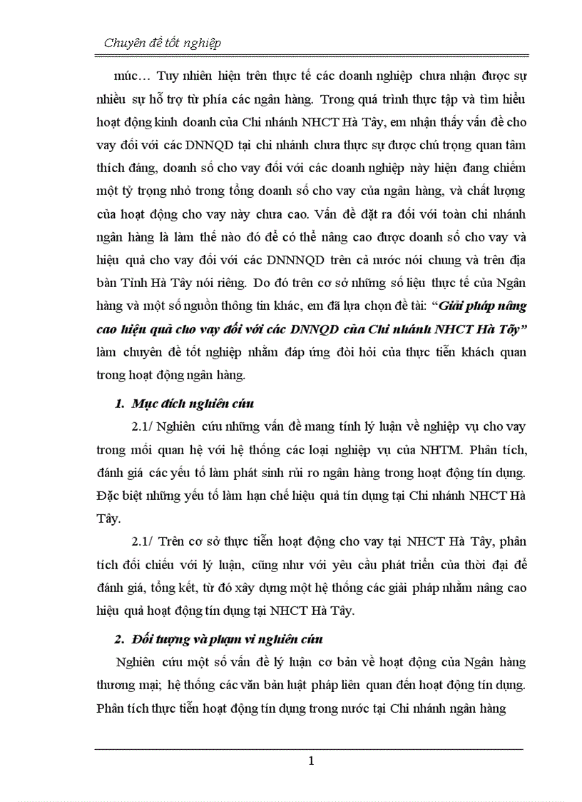 Giải pháp nâng cao hiệu quả cho vay đối với các DNNQD của Chi nhánh NHCT Hà Tây 1