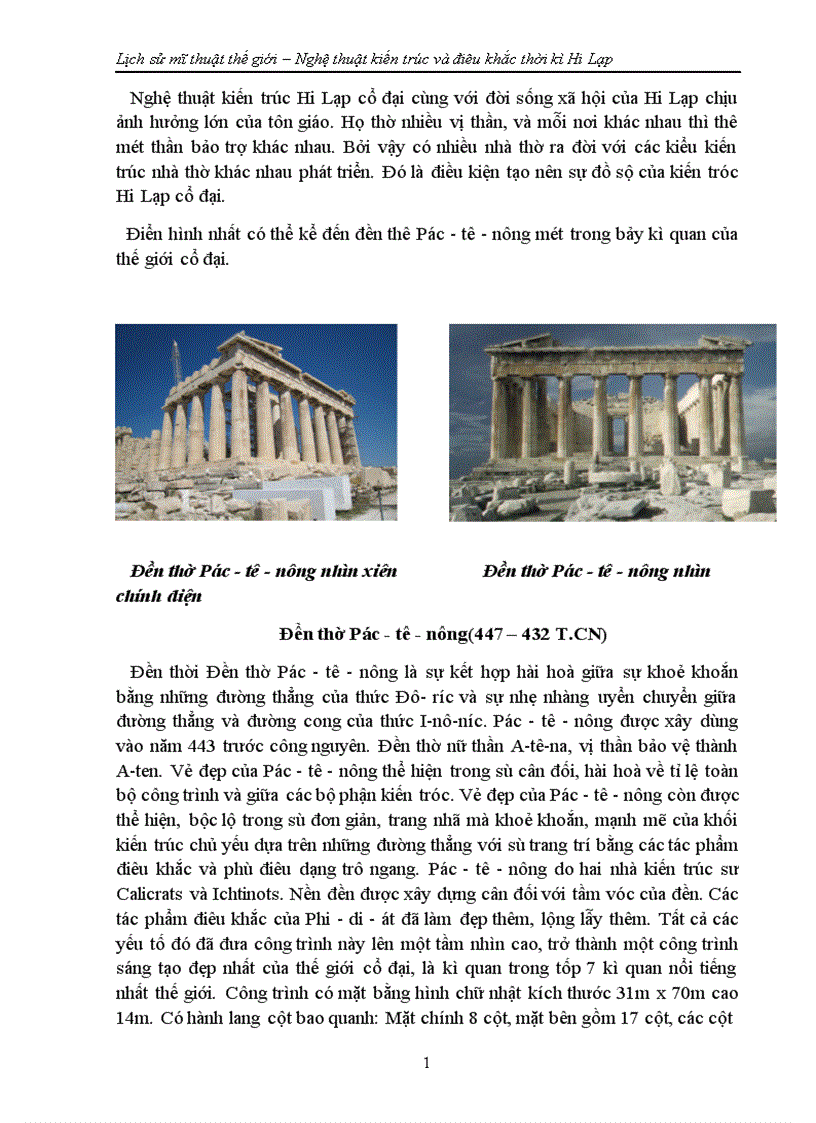 Lịch sử mĩ thuật thế giới Nghệ thuật kiến trúc và điêu khắc thời kì Hi Lạp