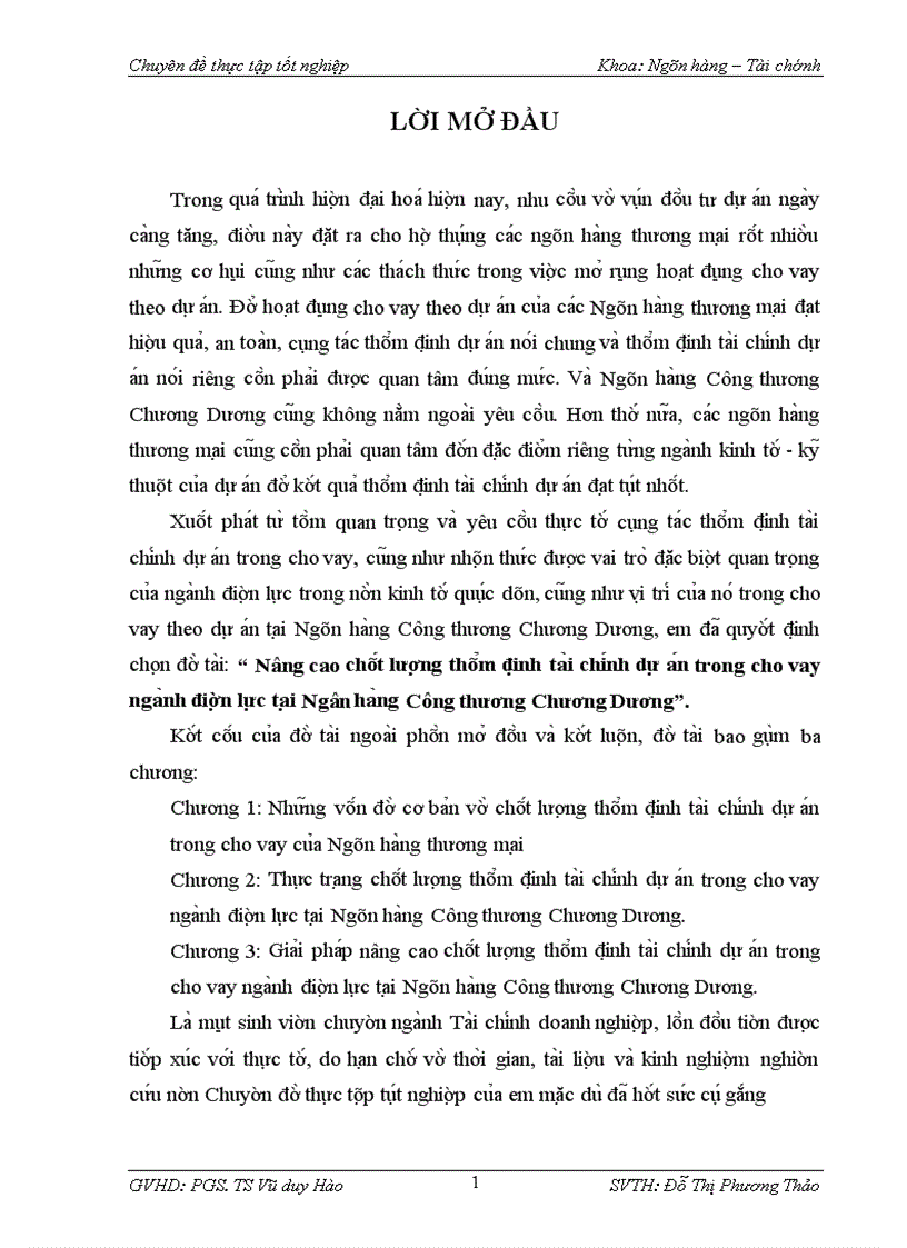 Nâng cao châ t lươ ng thâ m đi nh ta i chi nh dư a n trong cho vay nga nh điê n lư c ta i Ngân ha ng Công thương Chương Dương 1