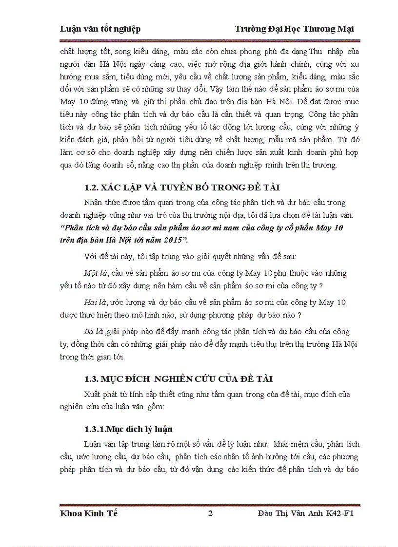 Phân tích và dự báo cầu sản phẩm áo sơ mi nam của công ty cồ phần May 10 trên địa bàn Hà Nội tới năm 2015
