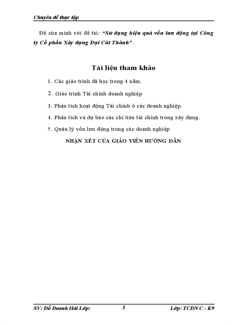 image for page Sử dụng hiệu quả vốn lưu động tại Công ty Cổ phần Xây dựng Đại Cát Thành 1