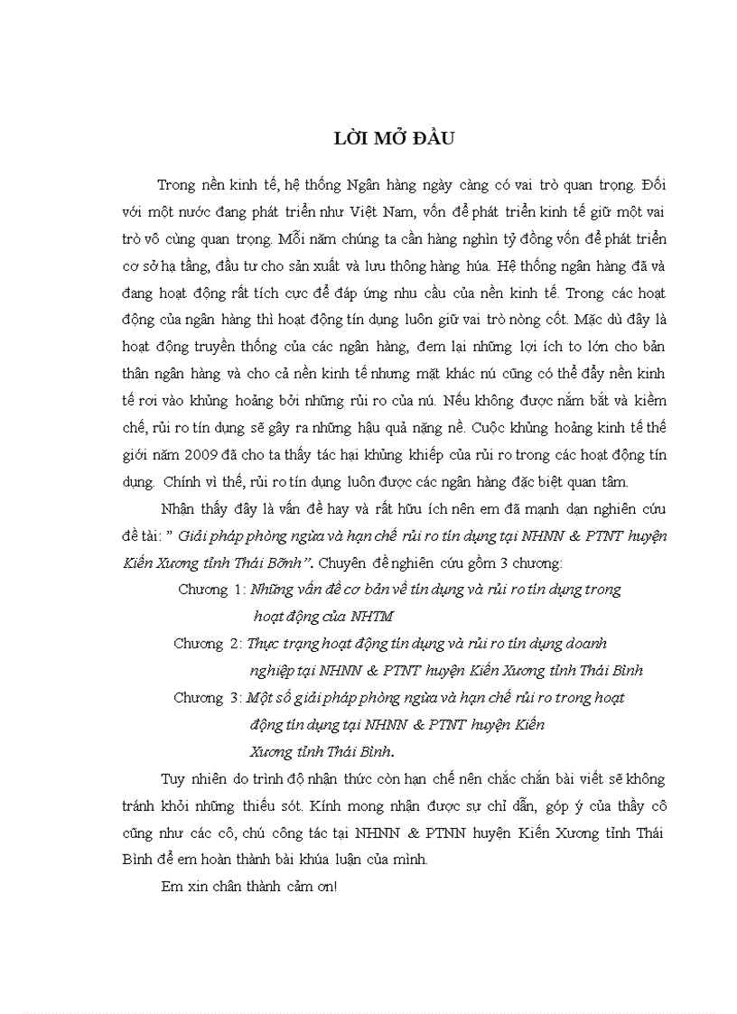 Giải pháp phòng ngừa và hạn chế rủi ro tín dụng tại NHNN PTNT huyện Kiến Xương tỉnh Thái Bình 1