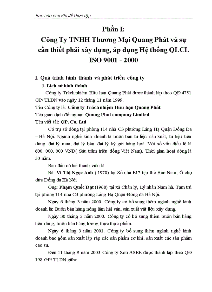 Báo cáo thực tập tổng hợp về Công Ty TNHH Thương Mại Quang Phát và sự cần thiết phải xây dựng áp dụng Hệ thống QLCL ISO 9001 2000