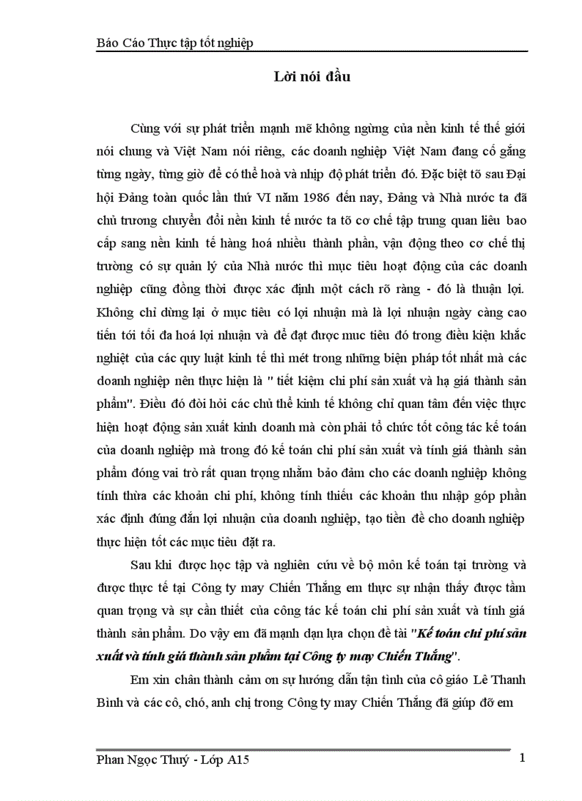 Kế toán chi phí sản xuất và tính giá thành sản phẩm tại Công ty may Chiến Thắng 1