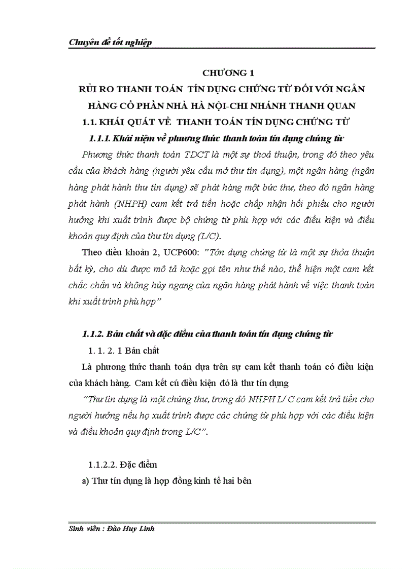 Giải pháp phòng ngừa rủi ro thanh toán tín dụng chứng từ đối với ngân hàng thương mại và cổ phần nhà Hà Nội chi nhánh Thanh Quan 1