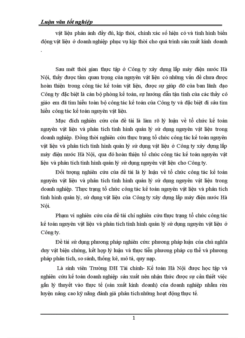 Thực trạng tổ chức công tác kế toán nguyên vật liệu và phân tích tình hình quản lý sử dụng nguyên vật liệu ở Công ty Xây dựng lắp máy Điện nước Hà Nội 1