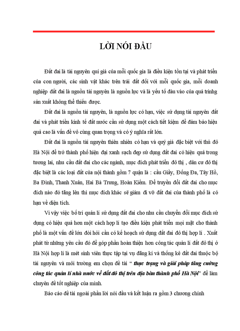 Thực trạng và giải pháp tăng cường công tác quản lí nhà nước về đất đô thị trên địa bàn thành phố Hà Nội 1