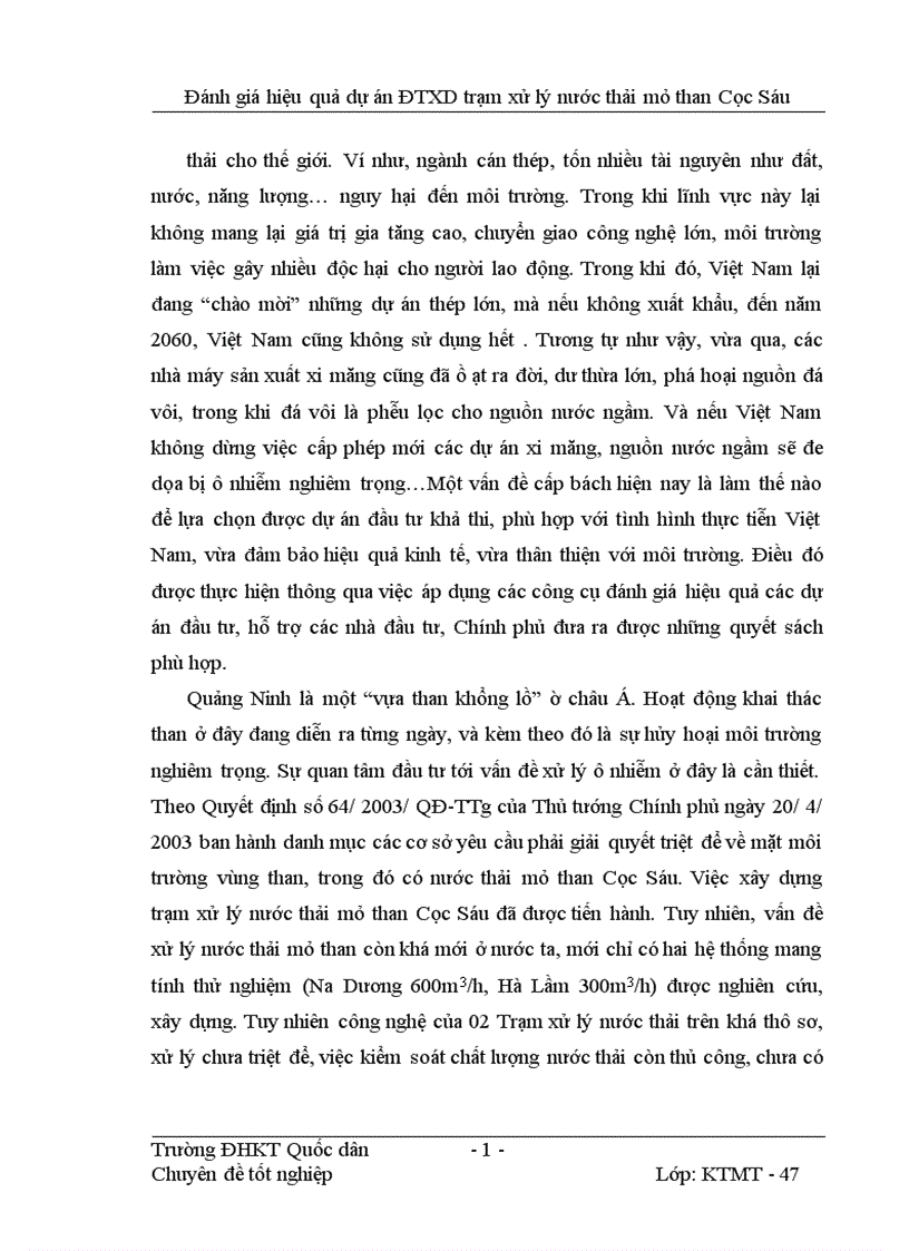 image for page Đánh giá hiệu quả dự án đầu tư xây dựng Trạm xử lý nước thải mỏ than Cọc Sáu