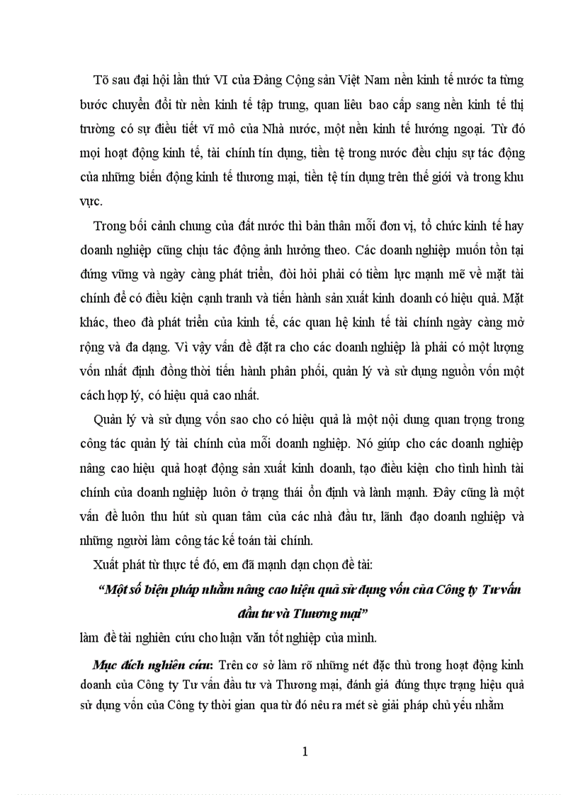 Một số biện pháp nhằm nâng cao hiệu quả sử dụng vốn của Công ty Tư vấn đầu tư và Thương mại 1