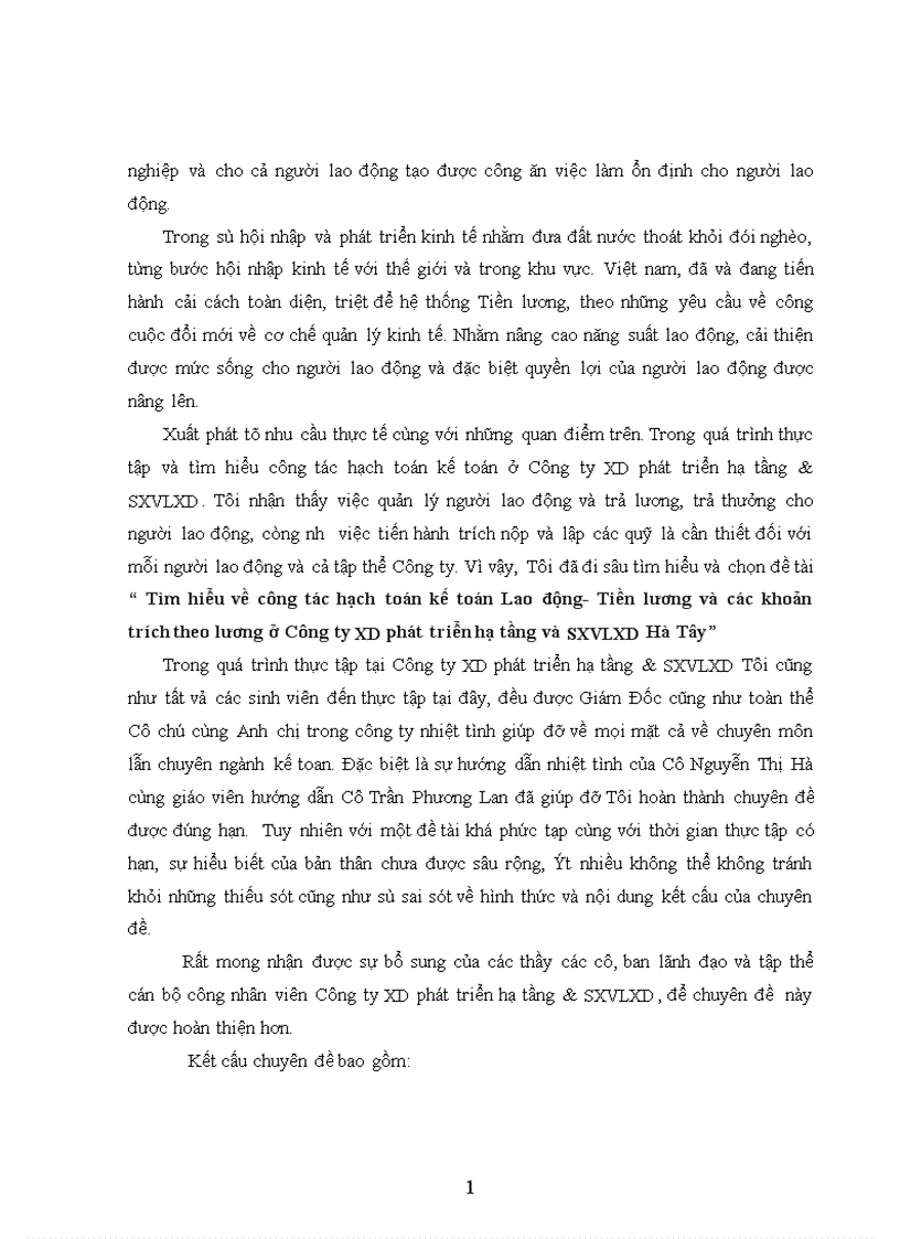 Tìm hiểu về công tác hạch toán kế toán lao động Tiền lương và các khoản trích theo lương ở Công ty XD phát triển hạ tầng và SXVLXD Hà Tây 1