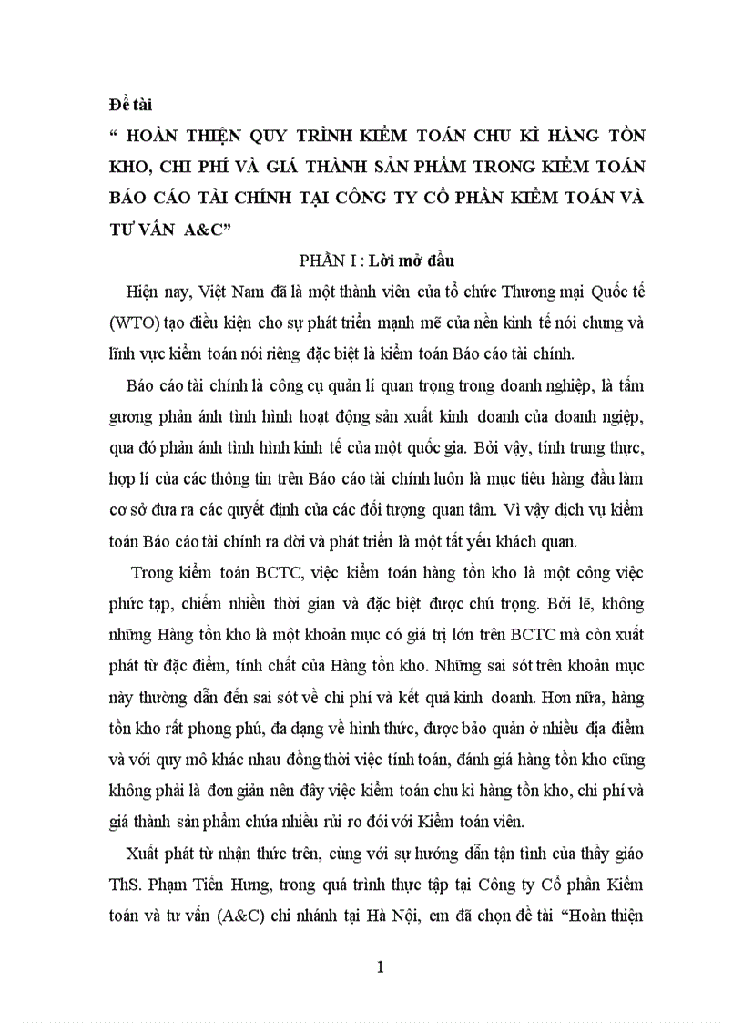 Hoàn thiện quy trình kiểm toán chu kì hàng tồn kho chi phí và giá thành sản phẩm trong kiểm toán Báo cáo tài chính tại công ty Cổ phần kiểm toán và tư vấn A C