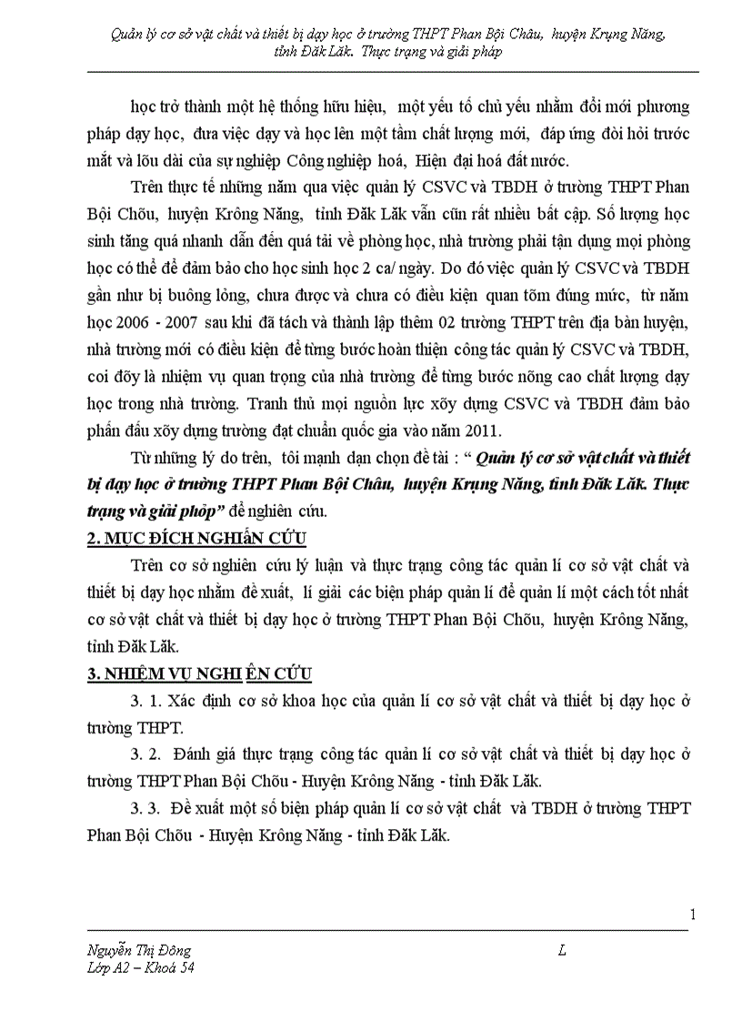 Quản lý cơ sở vật chất và thiết bị dạy học ở trường THPT Phan Bội Châu huyện Krông Năng tỉnh Đăk Lăk Thực trạng và giải pháp 1