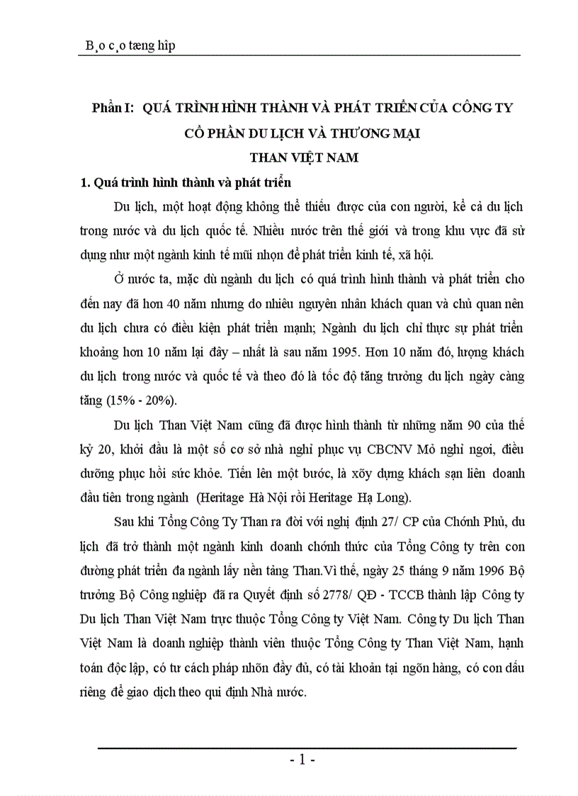 Báo cáo thực tập tổng hợp tại Công ty Cổ phần Du lịch và Thương mại Than Việt Nam