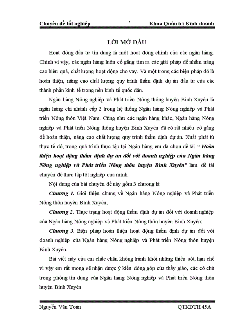 image for page Hoàn thiện hoạt động thẩm định dự án đối với doanh nghiệp của Ngân hàng Nông nghiệp và Phát triển Nông thôn huyện Bình Xuyên 1