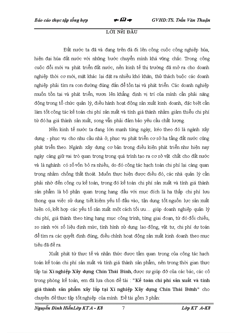 image for page Kế toán chi phí sản xuất và tính giá thành sản phẩm xây lắp tại Xí nghiệp Xây dựng Chín Thái Bính 1