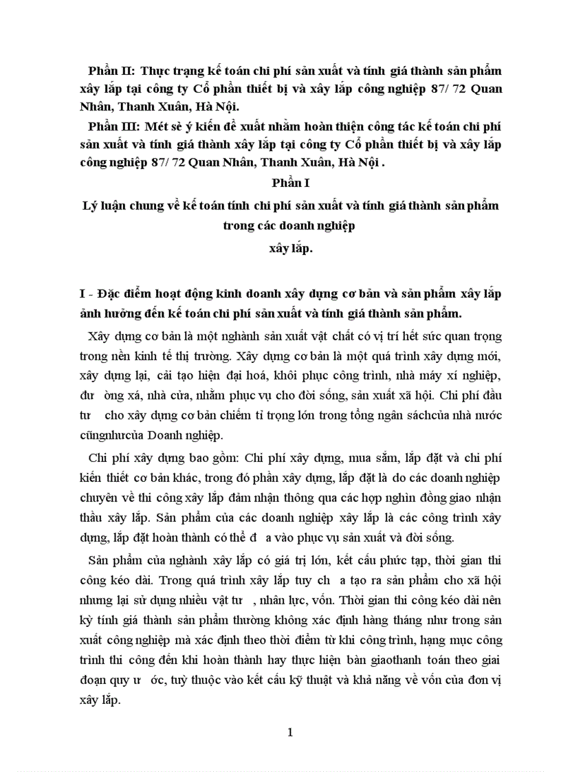 Hoàn thiện kế toán chi phí sản xuất và tính giá thành sản phẩm xây lắp tại công ty Cổ phần thiết bị và xây lắp công nghiệp 87 72 Quan Nhân Thanh Xuân Hà Nội