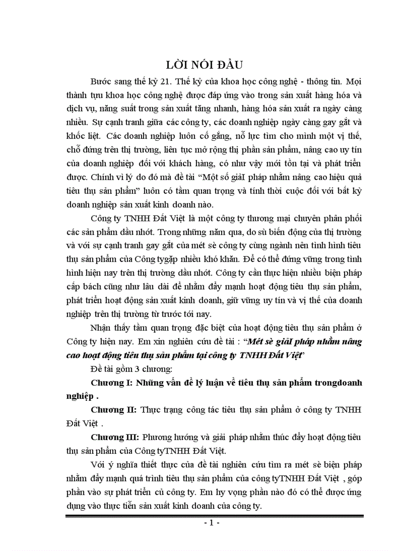 Một số giảI pháp nhằm nâng cao hoạt động tiêu thụ sản phẩm tại công ty TNHH Đất Việt 1