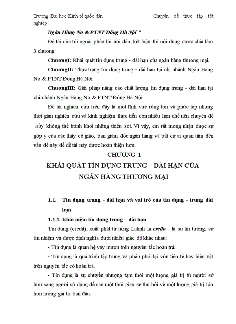 Thực trạng và giải pháp đối với tín dụng trung dài hạn tại chi nhánh Ngân Hàng No PTNT Đông Hà Nội 1