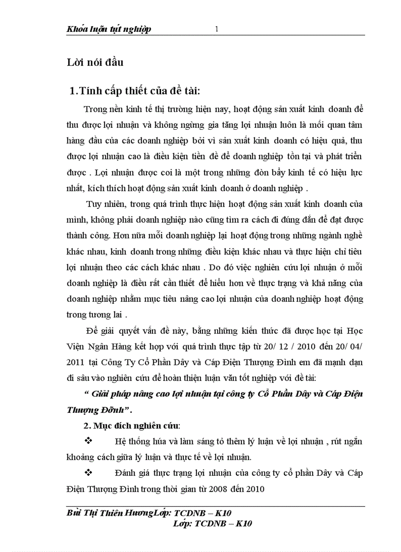 Giải pháp nâng cao lợi nhuận tại công ty Cổ Phần Dây và Cáp Điện Thượng Đình
