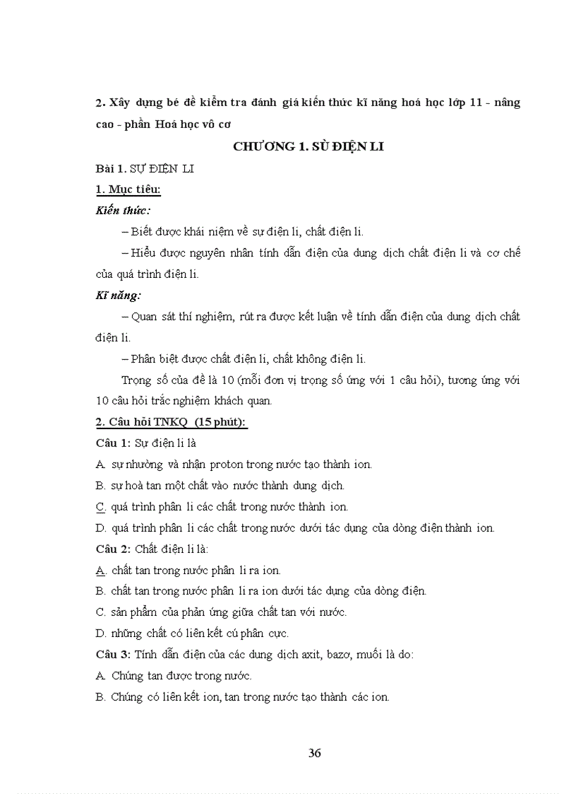 Xây dựng bộ đề kiểm tra đánh giá kiến thức kĩ năng hoá học lớp 11 nâng cao phần Hoá học vô cơ