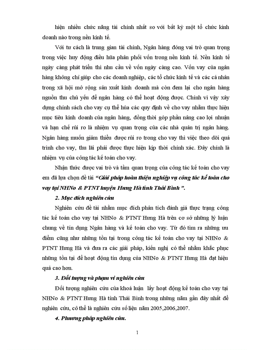 Giải pháp hoàn thiện nghiệp vụ công tác kế toán cho vay tại NHNo PTNT huyện Hưng Hà tỉnh Thái Bình 1