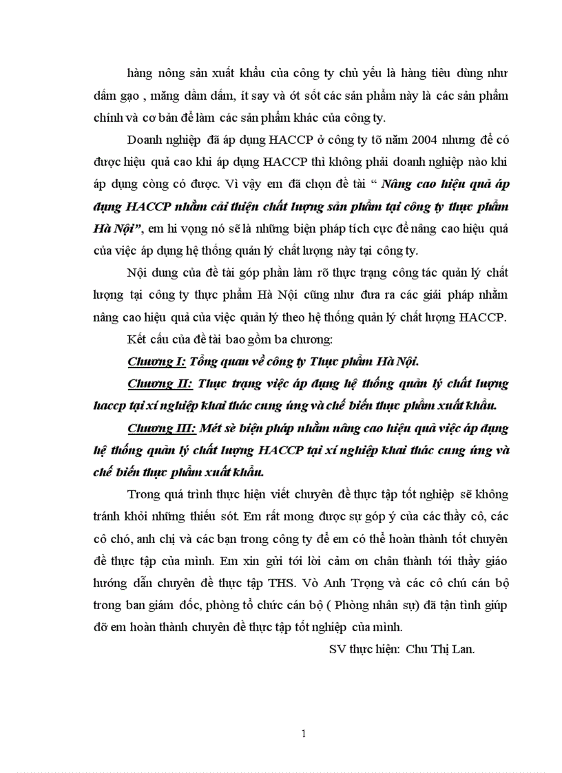 Nâng cao hiệu quả áp dụng HACCP nhằm cải thiện chất lượng sản phẩm tại công ty thực phẩm Hà Nội 1