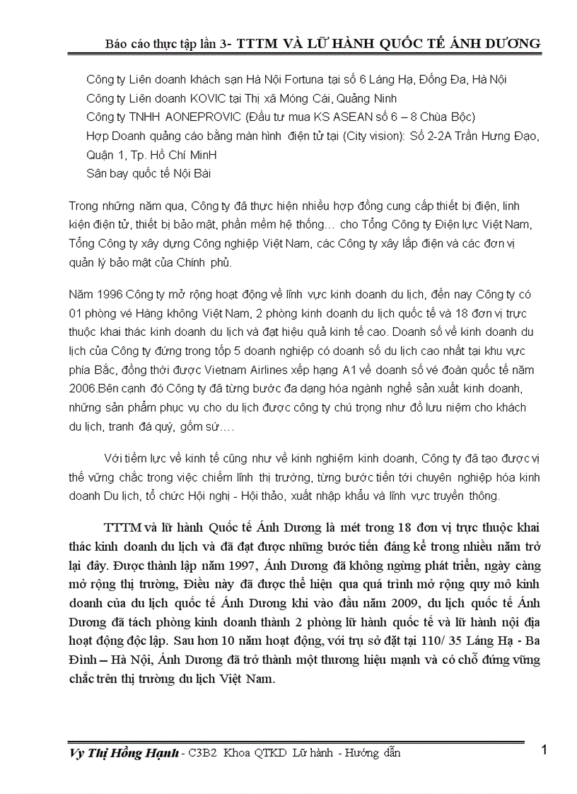 Báo cáo thực tập tại TTTM và lữ hành quốc tế ánh Dương