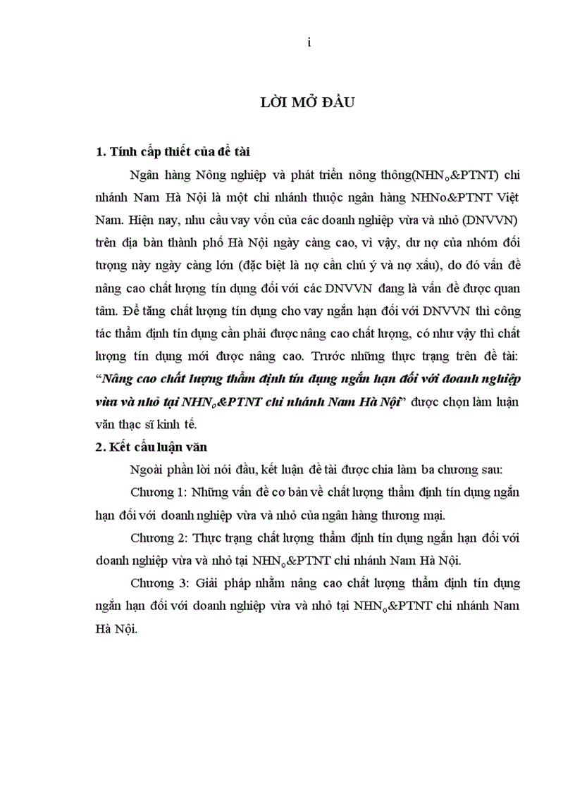 image for page Nâng cao chất lượng thẩm định tín dụng ngắn hạn đối với doanh nghiệp vừa và nhỏ tại NHNN PTNT chi nhánh nam Hà Nội